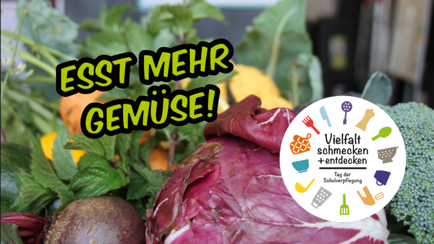 Bild mit einem Rotkohlkopf, Brokkoli, Rote Bete, Kräutern mit dem Logo der Tage der Schulverpflegung und dem Motto: Esst mehr Gemüse.